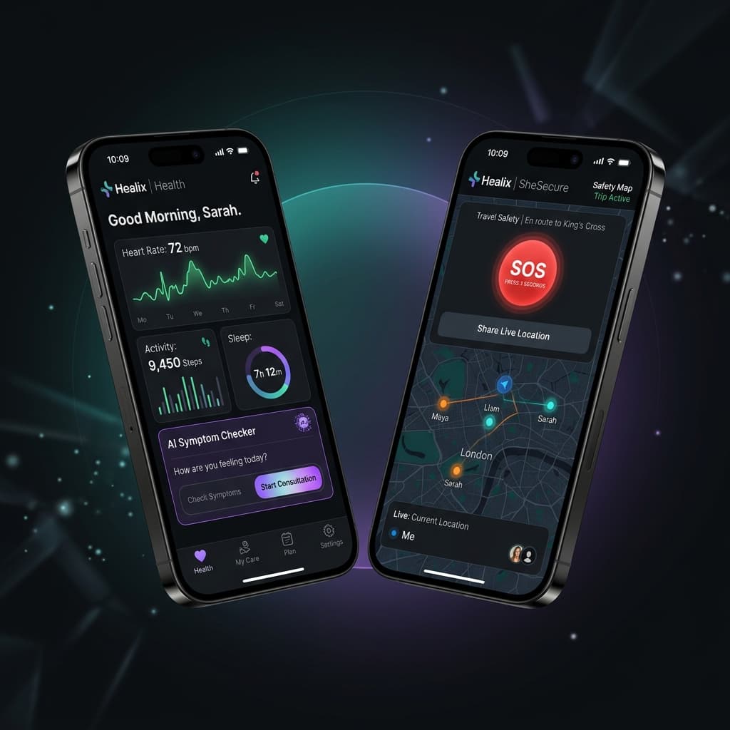 Healix mobile app mockup showing health dashboard and SheSecure safety map