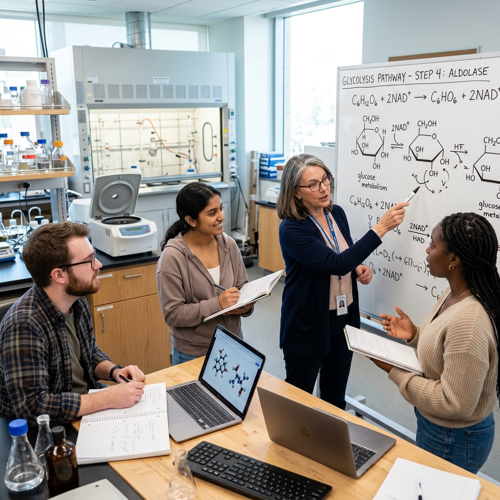 Professor mentoring students around a whiteboard
