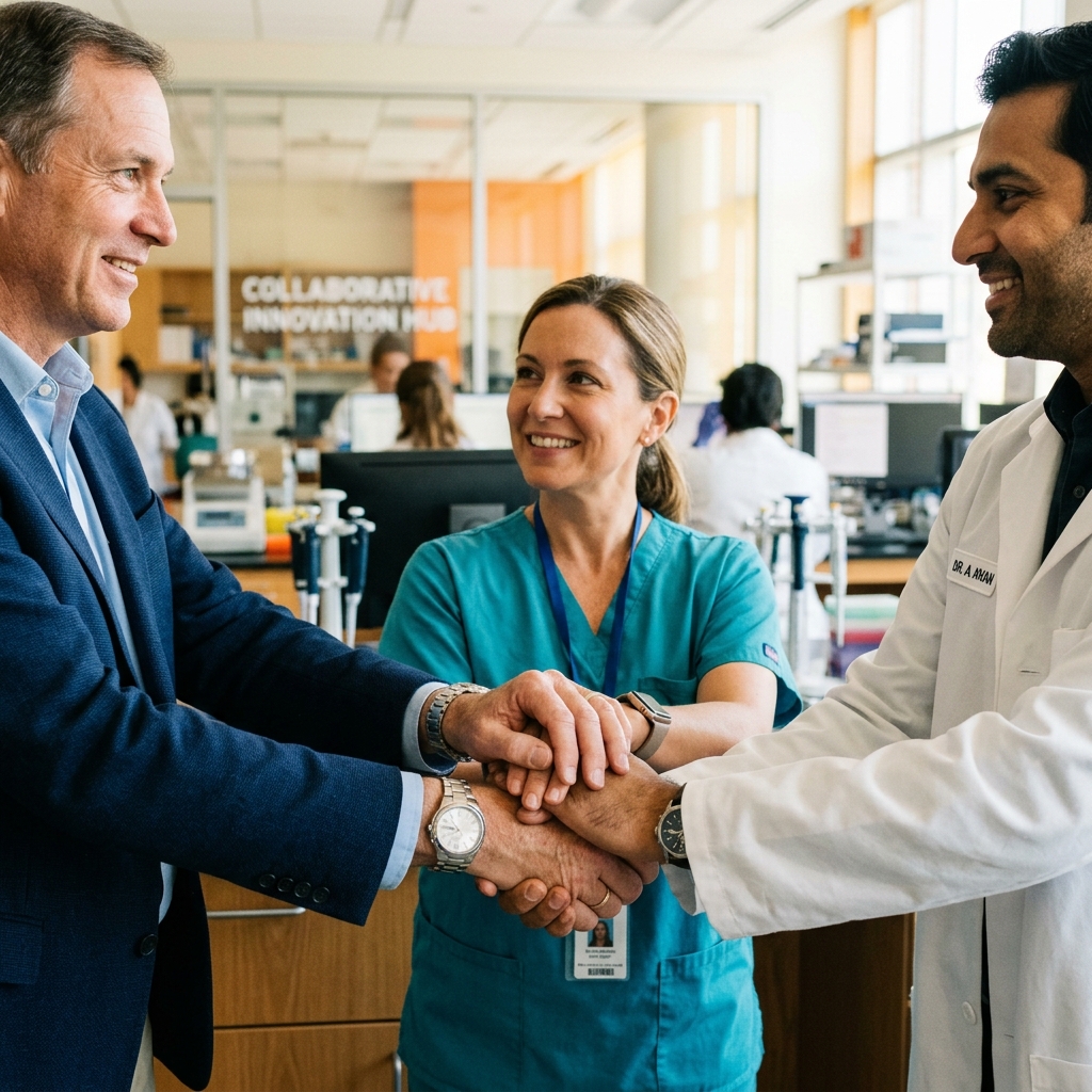Three-way handshake between healthcare professional, researcher, and professor